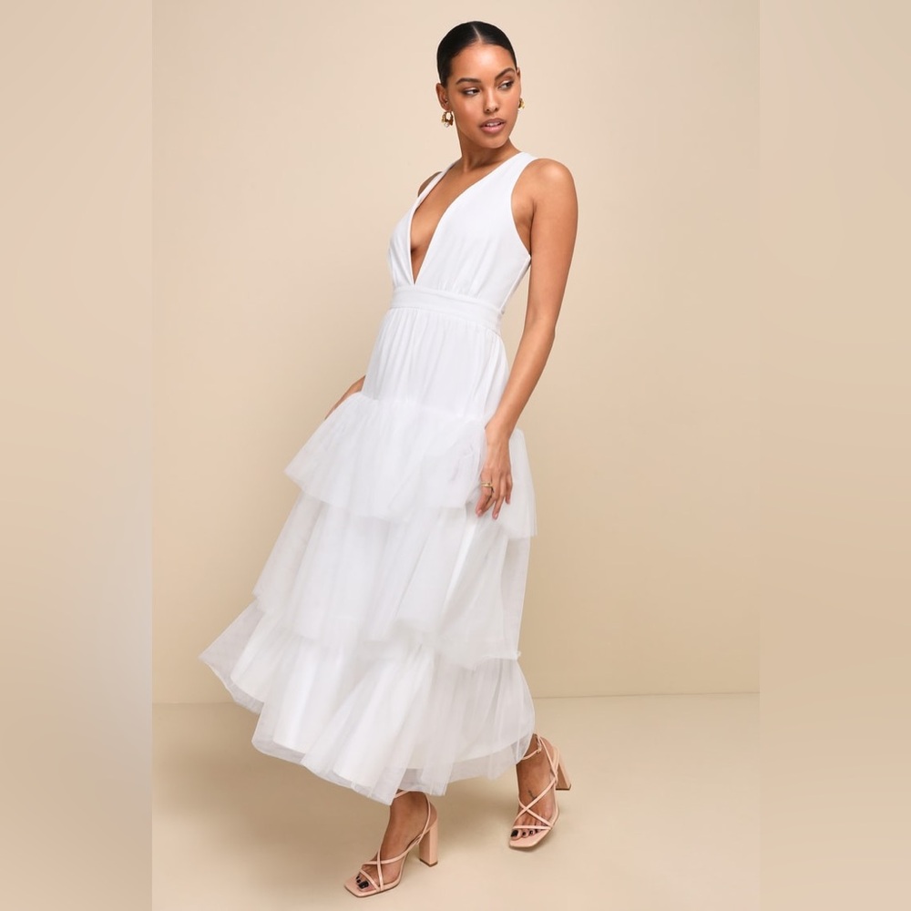 NWT Tier-ly Divine White Tulle V-Neck Tiered Maxi Dress - Picture 3 of 6
